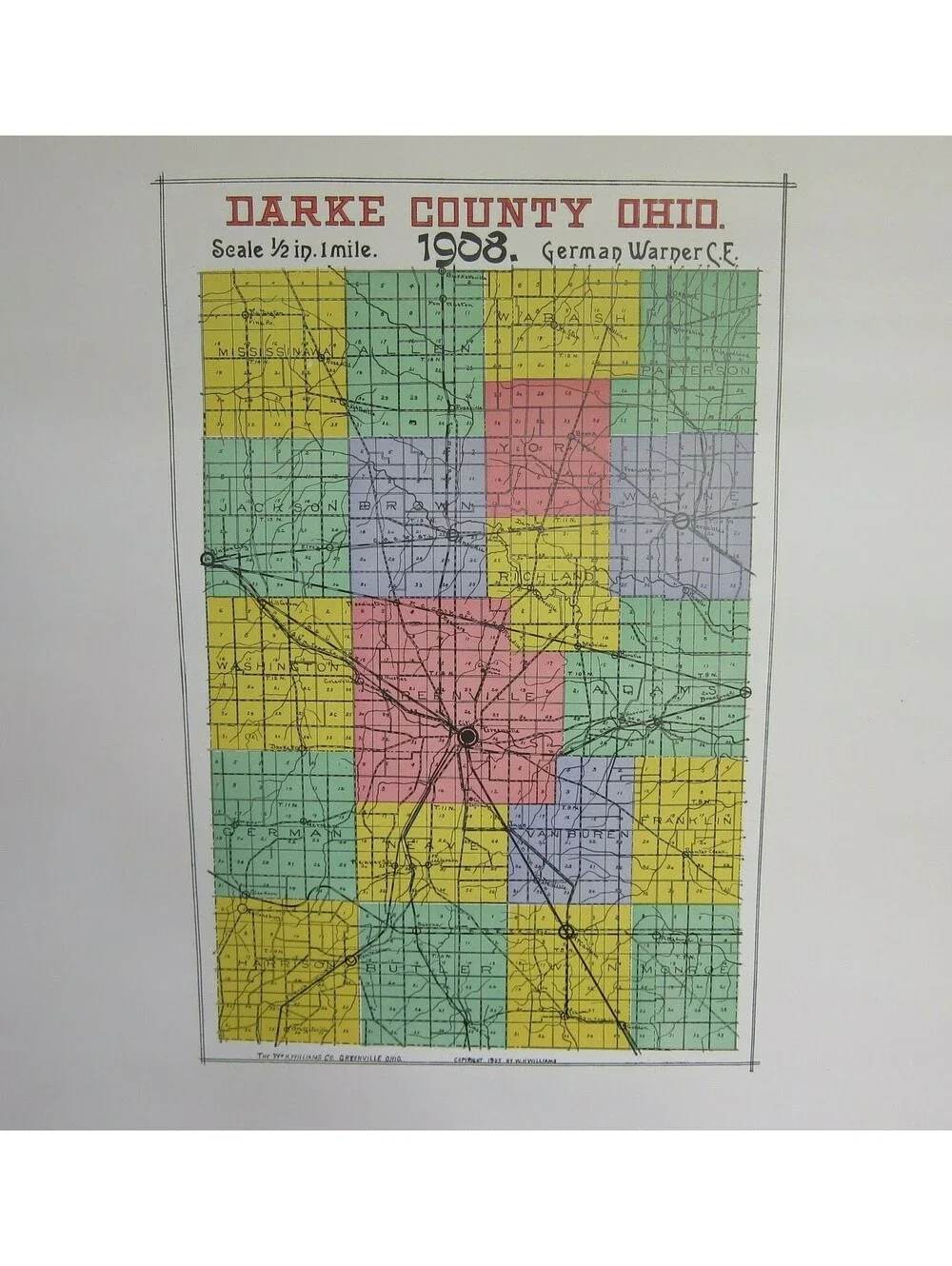 Antique 1908 Darke County Ohio Map, LARGE Railroad & Township Color Map 27x22 A